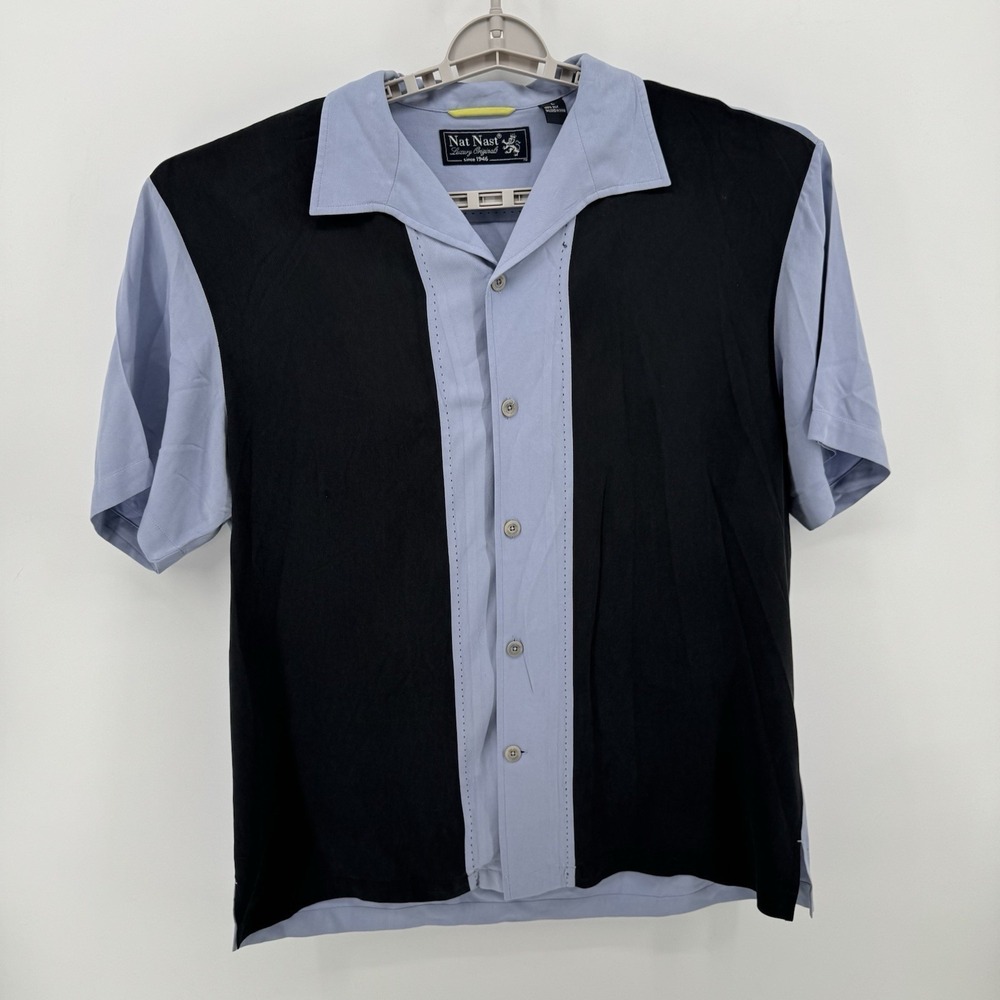 Nat Nast Shirt Mens Large Bowling Blue Black Camp Collar Tony Soprano Silk Beach